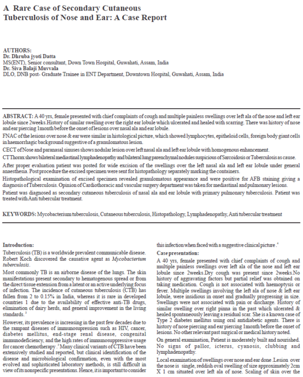 A Rare Case of Secondary Cutaneous Tuberculosis of Nose and Ear - A Case Report
