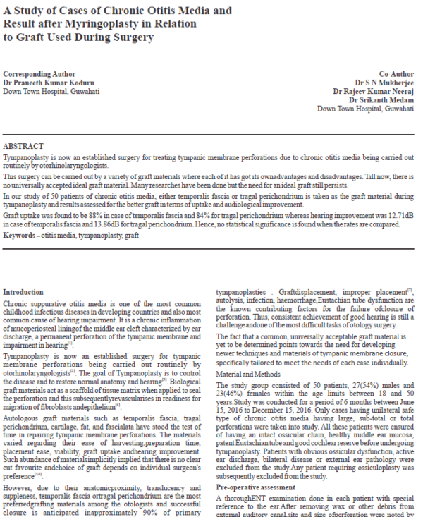 A Study of Cases of Chronic Otitis Media and Result after Myringoplasty in Relation to Graft used during Surgery