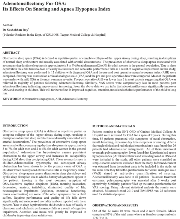 Adenotonsillectomy for OSA - Its effects on Snoring and Apnea Hypopnea Index