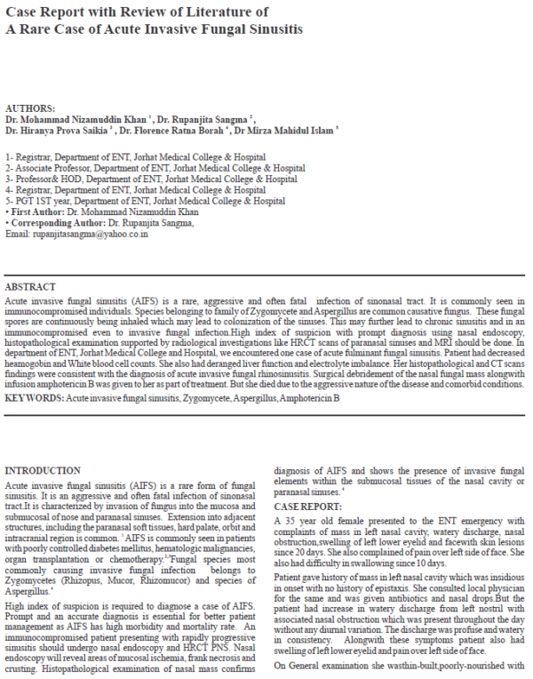 Case Report with Review of Literature of A Rare Case of Acute Invasive Fungal Sinusitis