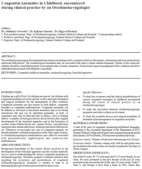 Congenital Anomalies in Childhood, encountered during clinical practice by an Otolaryngologist