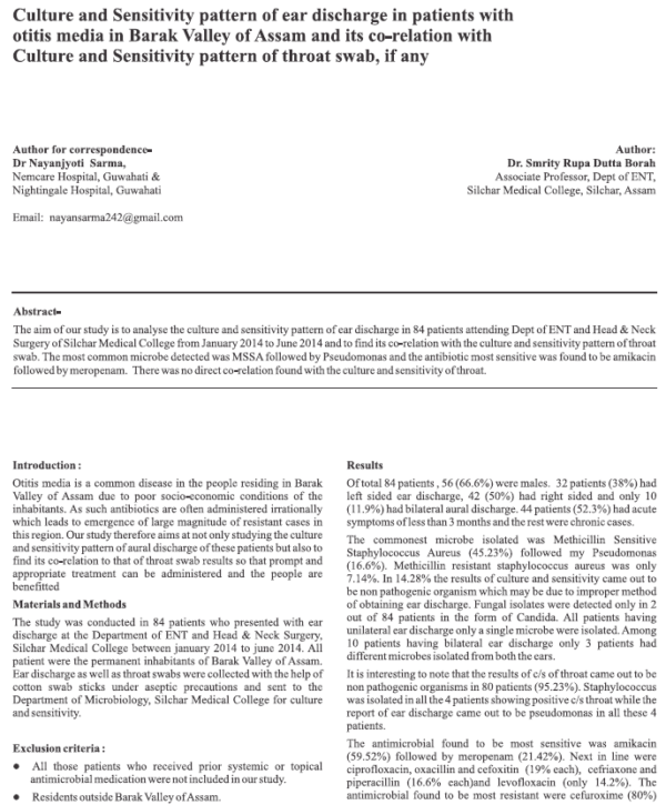 Culture and Sensitivity pattern of Ear Discharge in Patients with Otitis Media in Barak Valley of Assam