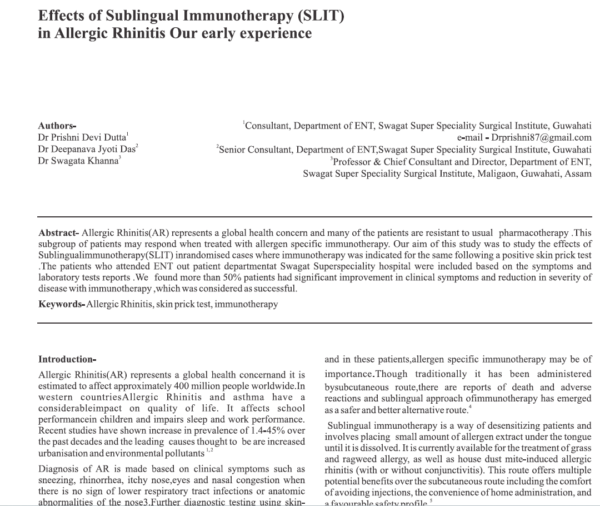 Effects of Sublingual Immunotherapy (SLIT) in Allergic Rhinitis - Our early experience