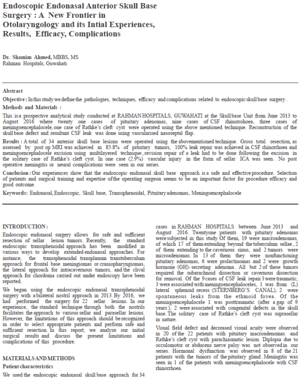 Endoscopic Endonasal Anterior Skull Base Surgery - A New Frontier in Otolaryngology and its Inital Experiences, Results, Efficacy, Complications