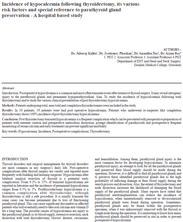 Incidence of Hypocalcemia following Thyroidectomy, its various risk factors and special reference to parathyroid gland preservation
