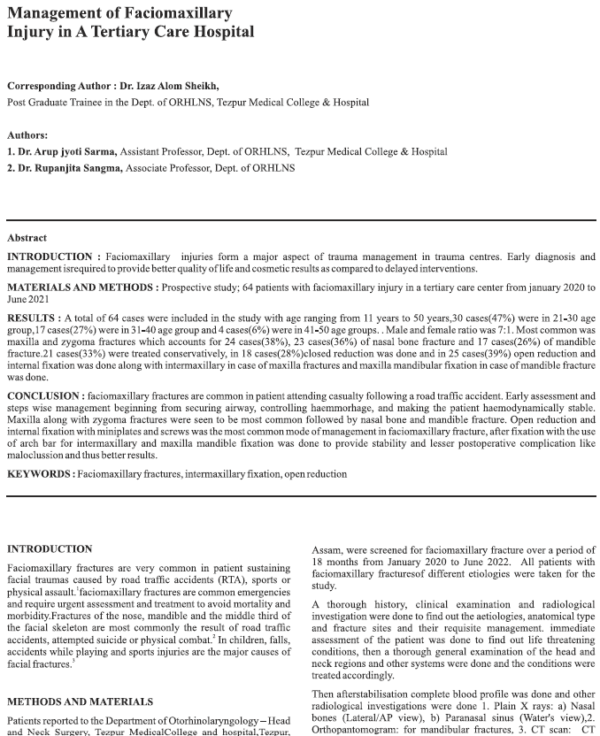 Management of Faciomaxillary Injury in a Tertiary Care Hospital