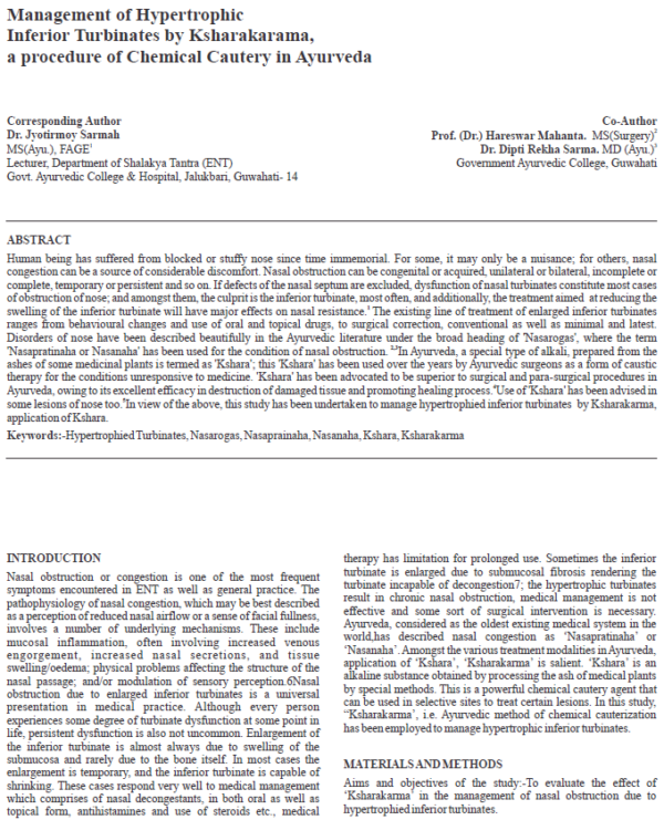 Management of Hypertrophic Inferior Turbinates by Ksharakarama - A Procedure of Chemical Cautery in Ayurveda