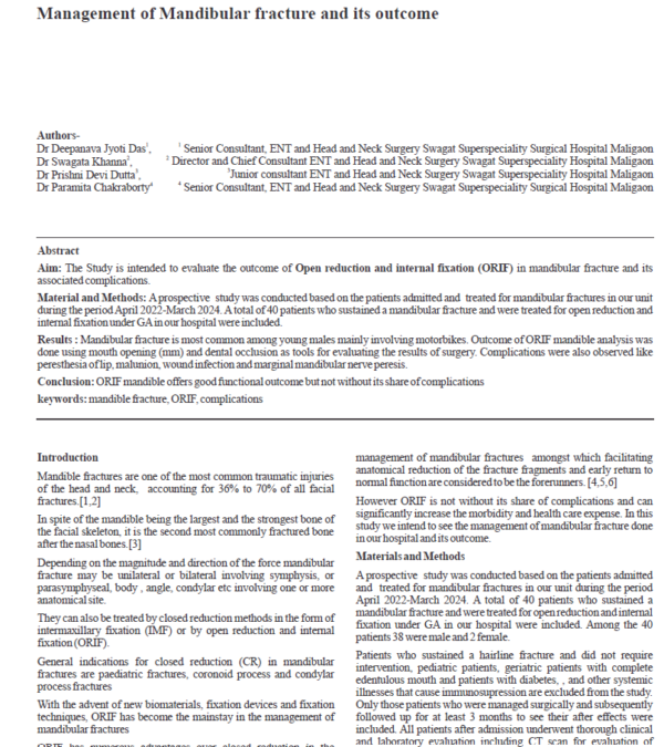 Management of Mandibular fracture and its outcome