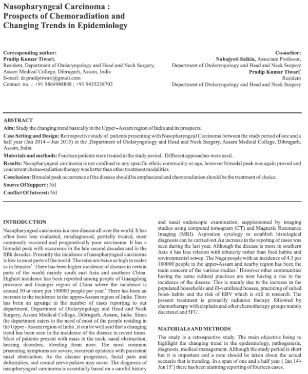 Nasopharyngeal Carcinoma - Prospects of Chemoradiation and Changing Trends in Epidemiology