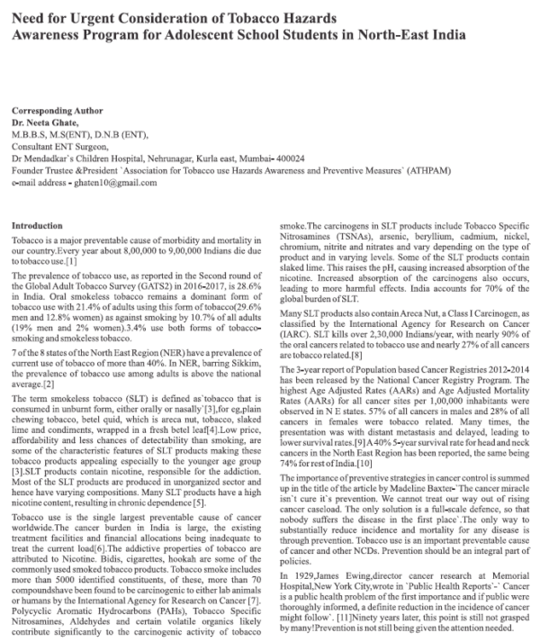 Need for Urgent Consideration of Tobacco Hazards Awareness Program for Adolescent School Students in North-East India
