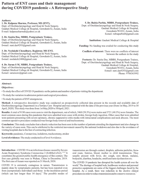 Pattern of ENT Cases and their Management during COVID 19 Pandemic - A Retrospective Study