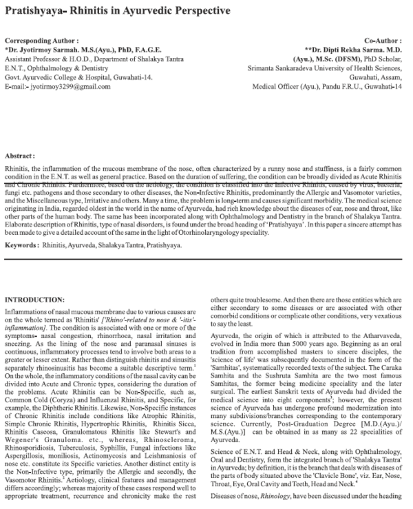 Pratishyaya - Rhinitis in Ayurvedic Perspective