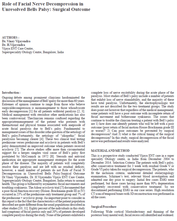 Role of Facial Nerve Decompression in Unresolved Bells Palsy - Surgical Outcome