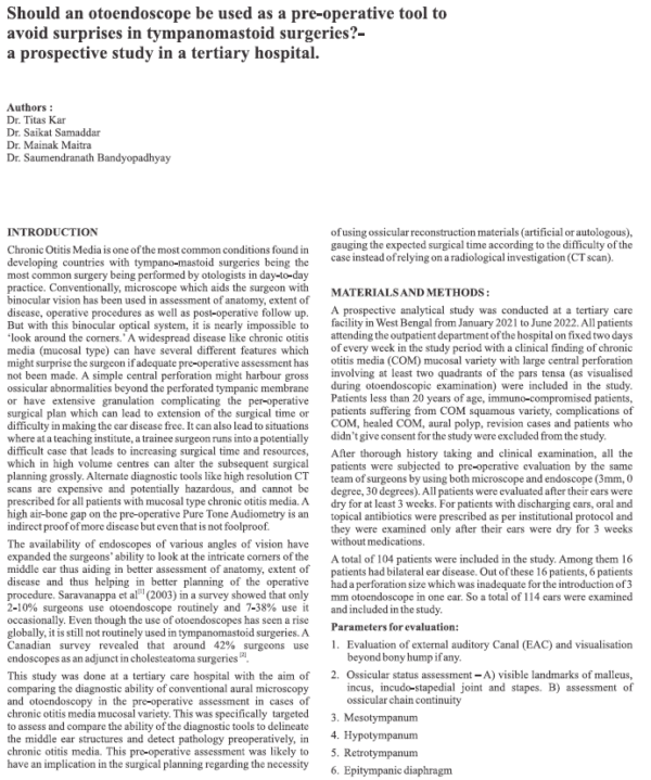 Should an Otoendoscope be used as a pre-operative tool to avoid suprises in tympanomastoid surgeries